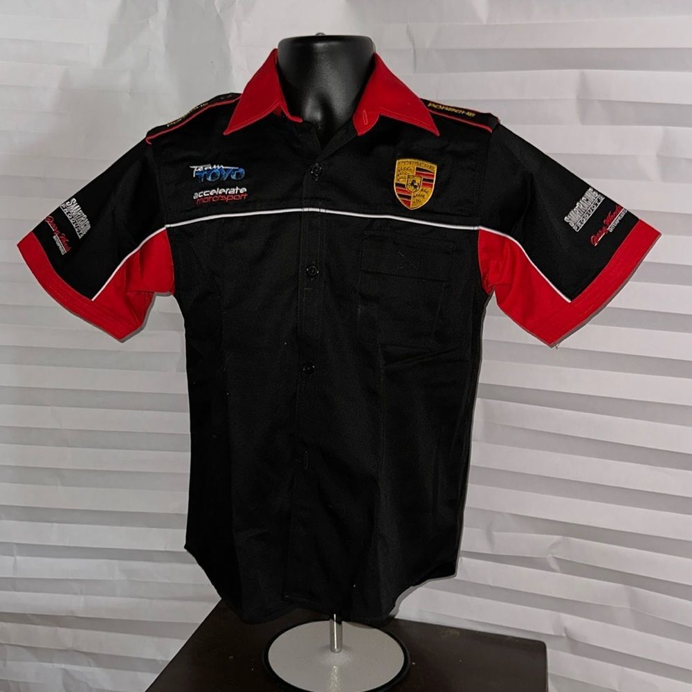 Porsche Boys Black Replica Crew Shirt Button Down Racing Team Top